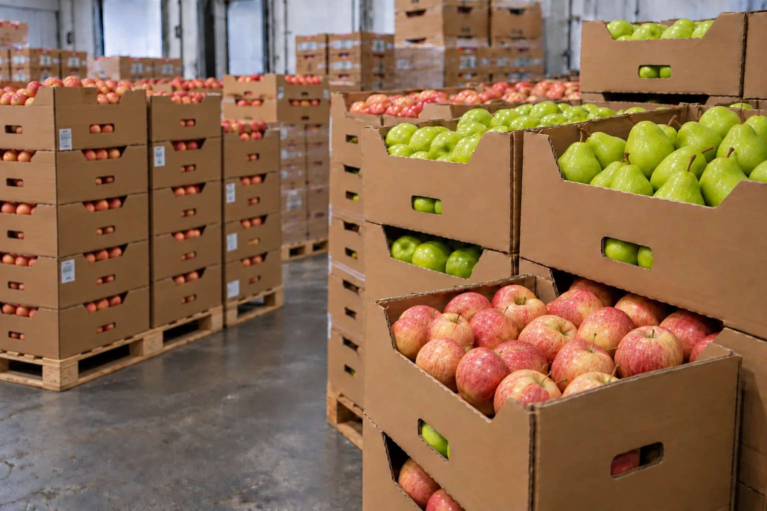 Cajas de manzana roja, manzana verde y pera importadas, apiladas en estiba en la bodega mayorista de Vigomez